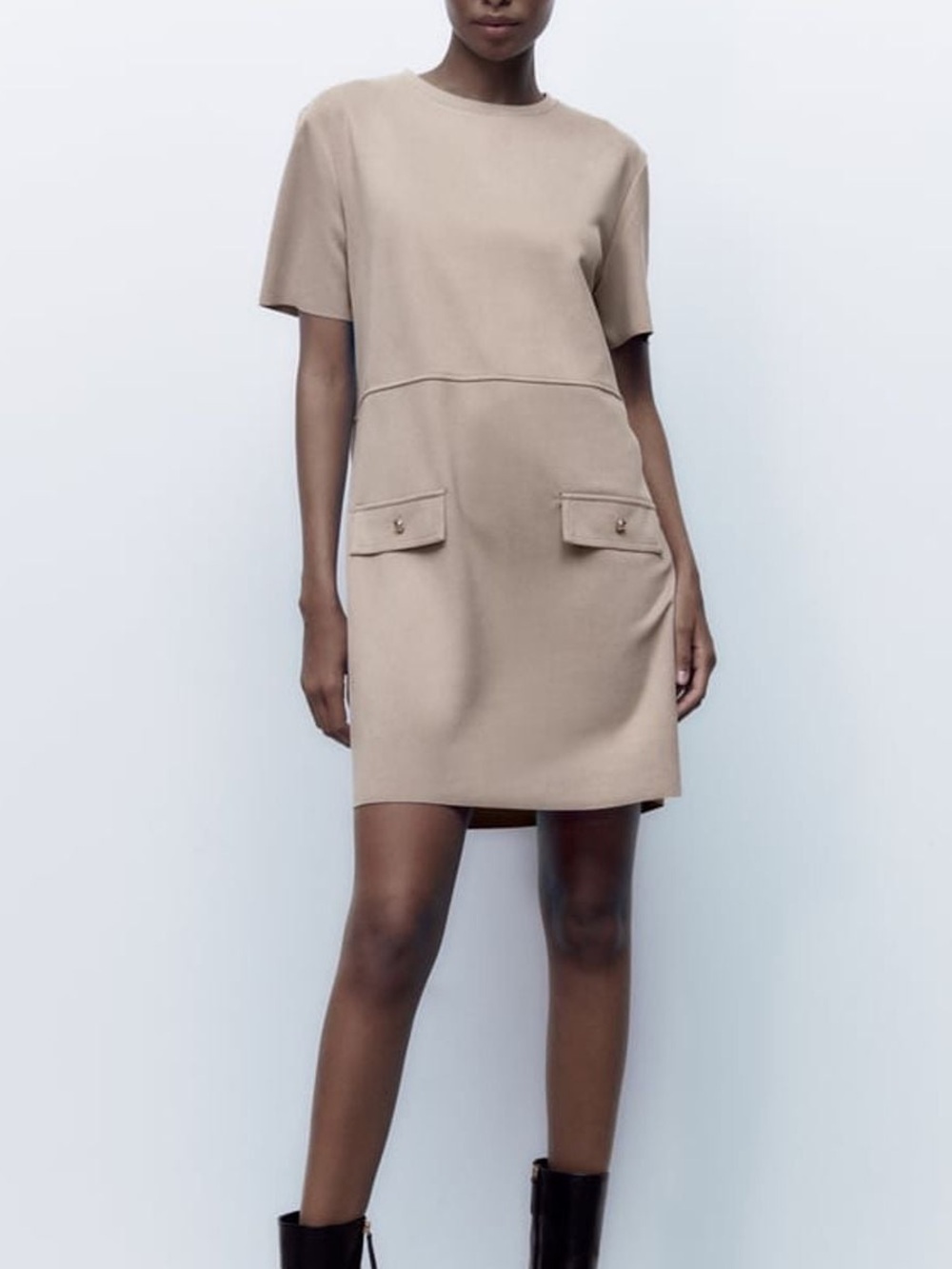 Zara Faux Suede Short-Sleeve Mini Dress in Taupe Size L